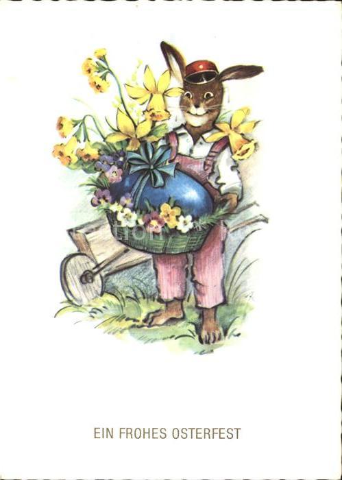 Vermenschlicht Hase Schubkarre Narzissen Osterei Ostern