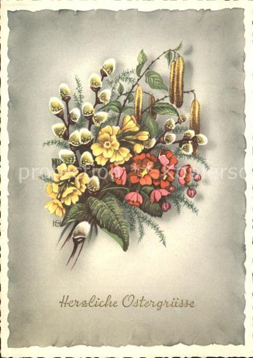 Ostern Easter Paques Weidenkaetzchen Schluesselblumen