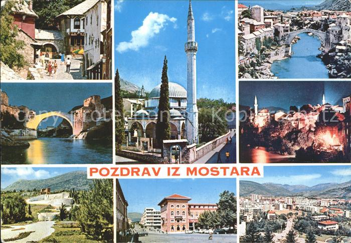 Mostar Moctap Stadtmotive Bruecke Minarett Totalansicht
