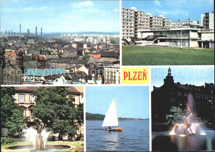Plzen Pilsen Blick ueber die Stadt Restaurant Wasserspiele Segeln Brunnen
