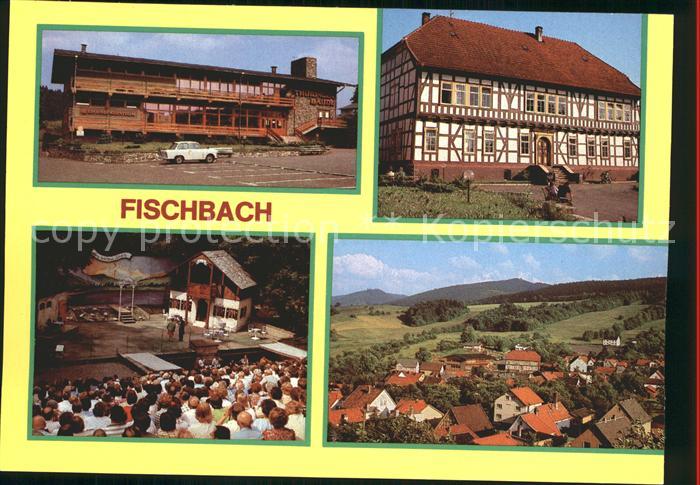 Fischbach Rhoen Thueringenbaude Fachwerkhaus Bergbuehne Blick vom Sandberg