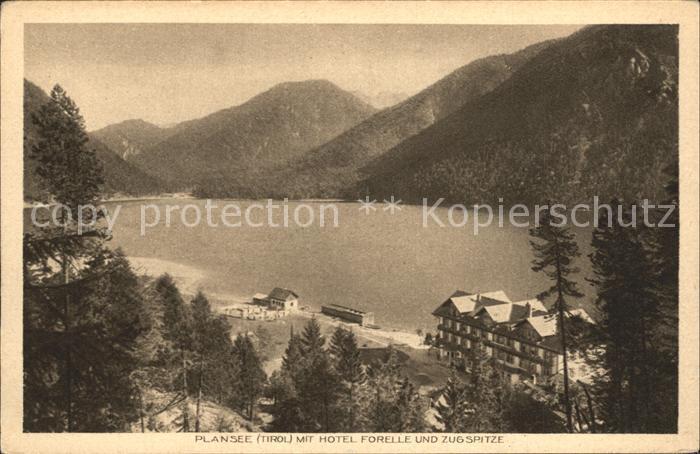 Plansee mit Hotel Forelle und Zugspitze Wettersteingebirge