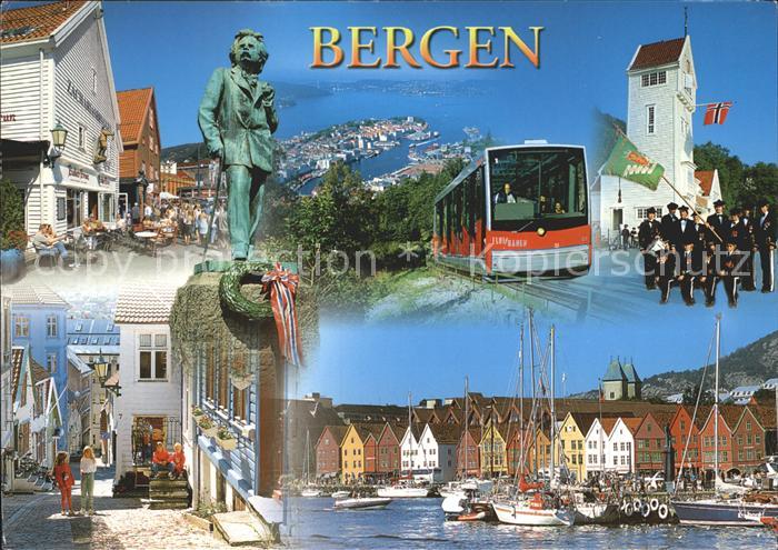 Bergen Norwegen Altstadt Statue Bahn Musikkapelle Hafen Segelboot