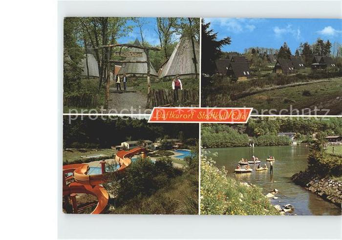 Stadtkyll Jugendlager Schwimmbad mit Rutsche Ferienhaeuser Badeteich