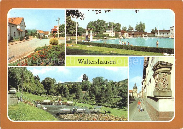 Schnepfenthal Teilansicht Schwimmbad Unkenteich Wappen am Nikolaustor