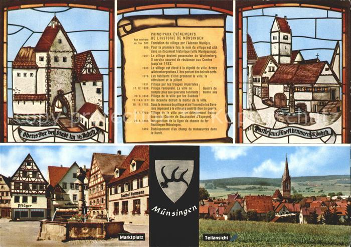 Muensingen Marktplatz Brunnen Fachwerkhaeuser Bleiverglasung Geschichte