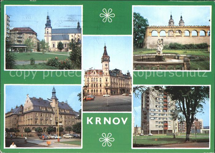 Krnov Rathaus Strassenpartie Brunnen Kirchtuerme Hochhaus