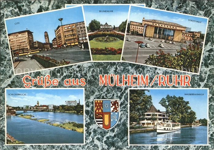 Muelheim Ruhr City Blumenuhr Stadthalle Schlossbruecke Wasserbahnhof Wappen
