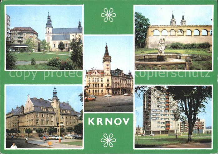 Krnov Schloss Rathaus Brunnen Kirchtuerme Hochhaus