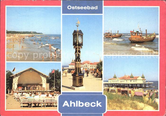 Ahlbeck Ostseebad Seebruecke Strand Konzertpavillon Stranduhr Fischkutter
