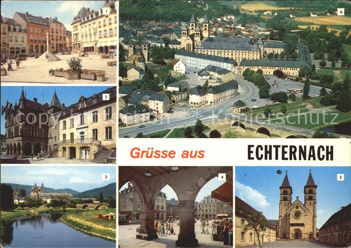 Echternach Place du Marche Denzelt Hotel de Ville Arcades Basilique vue aerienne