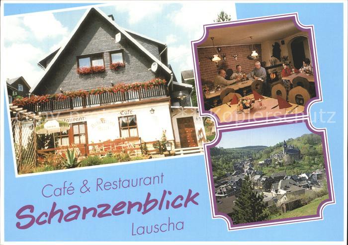 Lauscha Cafe Restaurant Schanzenblick Ortsansicht mit Kirche