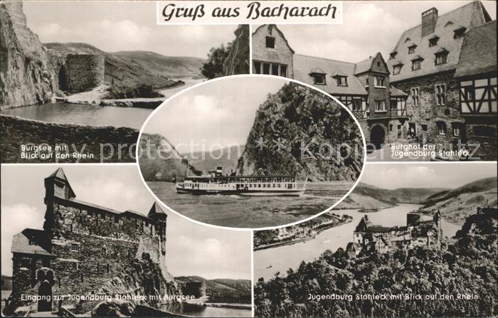 Bacharach Rhein Burgsee mit Rhein Burghof der Jugendburg Stahleck