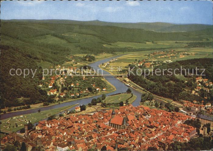 Hann. Muenden Fliegeraufnahme mit Camping Fulda-Insel Weserbruecke