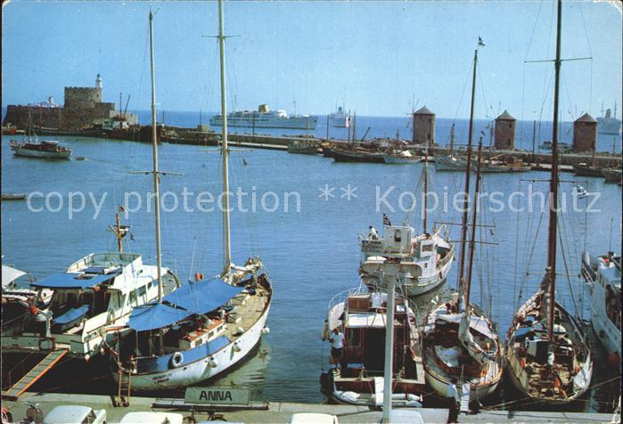 Rhodos Rhodes aegaeis Hafen mit Windmuehlen