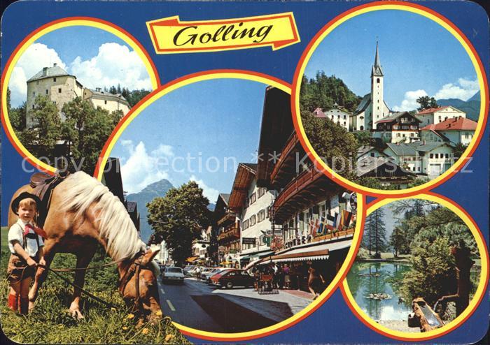Golling Salzach Teilansichten Kirche Brunnen Kind Haflinger