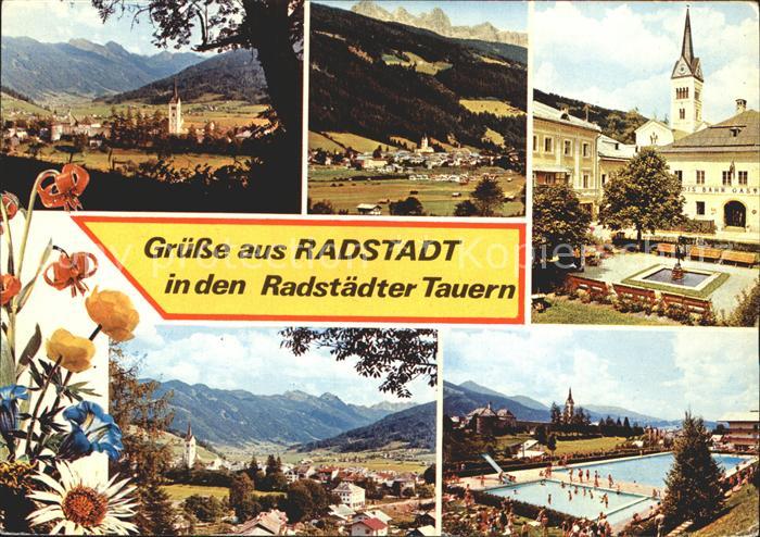 Radstadt Panorama mit Radstaedter Tauern Kirche Freibad Blumen