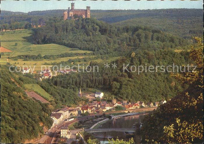 Balduinstein Panorama Lahn mit Schloss Schaumburg