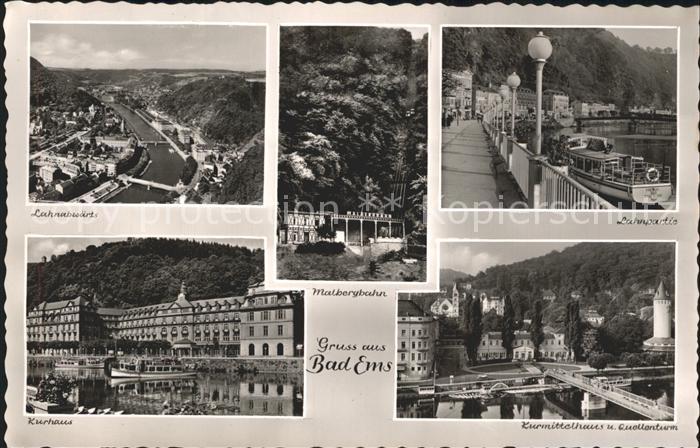 Bad Ems Lahn abwaerts Malbergbahn Lahnpartie Kurhaus Kurmittelhaus Quellenturm