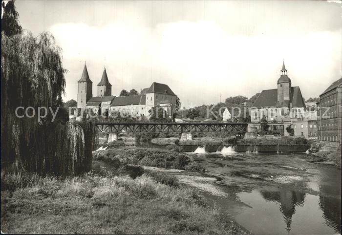 Rochlitz Sachsen Schloss Bahnbruecke Petrikirche und Schlossmuehle