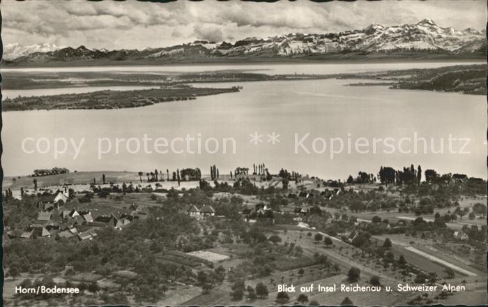 Horn Gaienhofen Fliegeraufnahme auf die Insel Reichenau und Alpen