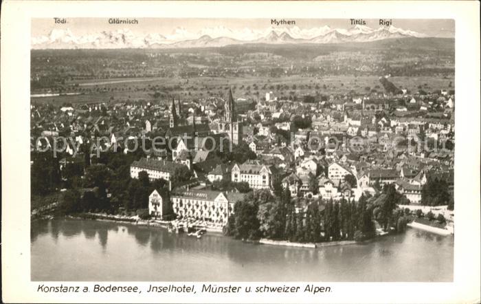 Konstanz Bodensee Fliegeraufnahme Inselhotel Muenster und Schweizer Alpen