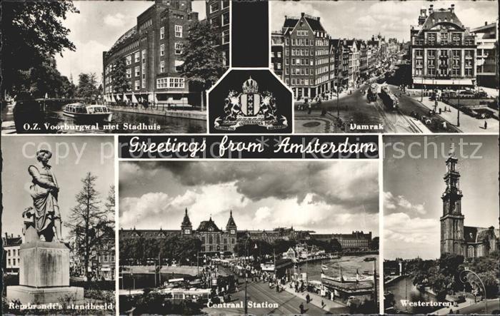 Amsterdam Niederlande Central-Station Westerntoren Rembrandt-Standbild Stadhuis