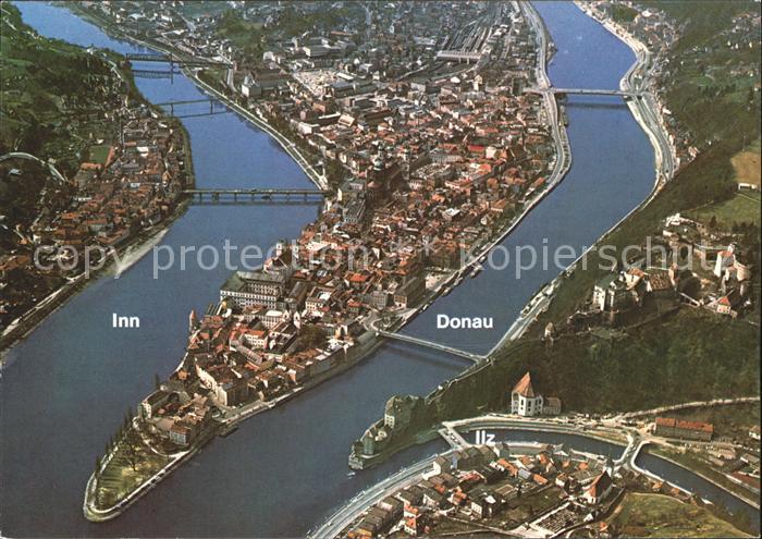PAssAU Bayern Zusammenfluss Donau Inn Ilz Fliegeraufnahme