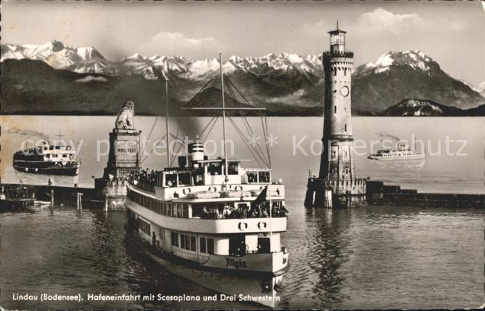 Dampfer Seitenrad Allgaeu Lindau Bodensee Hafeneinfahrt Scesaplana Drei Schweste
