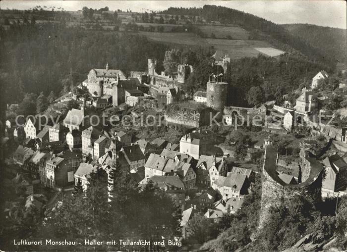 Monschau Montjoie NRW Haller mit Teilansicht und Burg Luftkurort