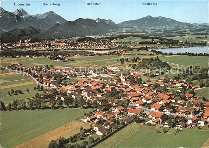Schwangau Dorf der Koenigsschloesser Alpenpanorama Fliegeraufnahme
