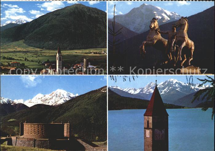 Mals Suedtirol Gasthof Panorama Kirche und Denkmal