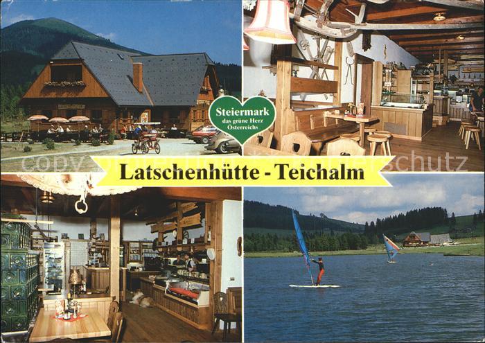 Teichalm  Latschenhuette Gastraum See mit Surfern