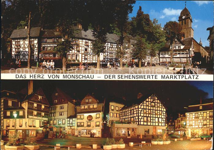 Monschau Montjoie NRW Marktplatz Fachwerkhaeuser Kirche Nachtaufnahme