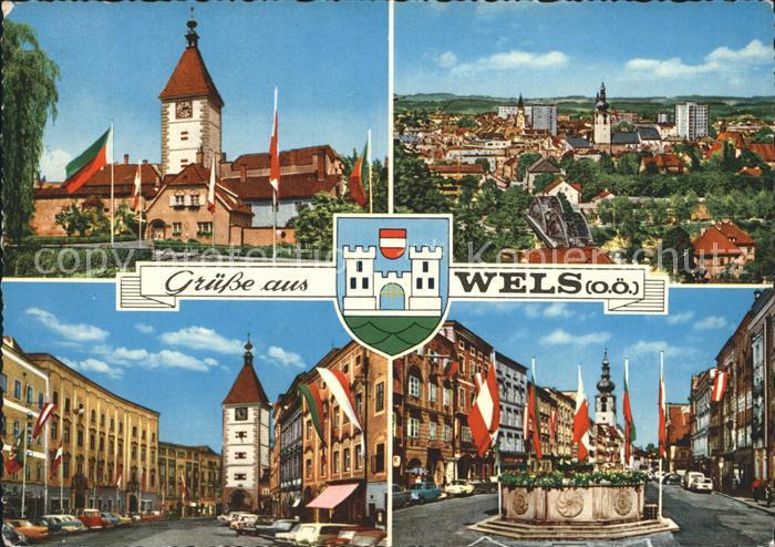 Wels Teilansichten Tor Turm Brunnen