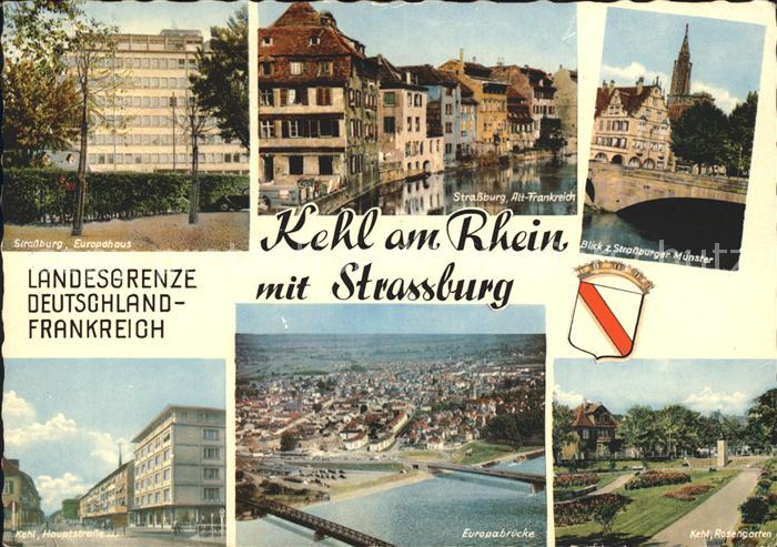 Kehl Rhein mit Strassburger Muenster Europahaus und Europabruecke