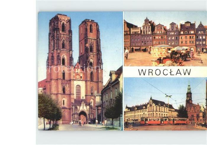 Wroclaw Kirche Strassenbahn alte Haeuserreihe