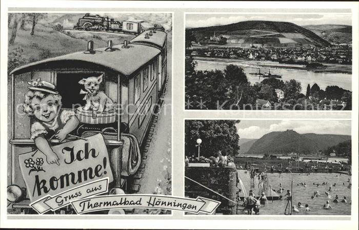 Bad Hoenningen Panorama Rheintal Thermalbad Eisenbahn Maedchen mit Hund