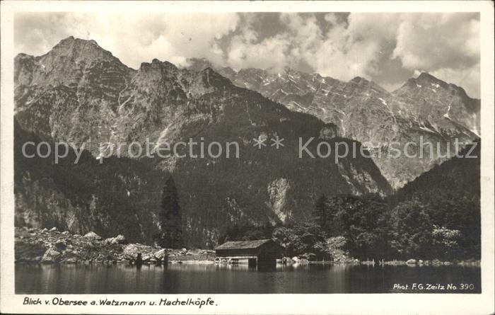 Koenigsee Berchtesgaden Blick vom Obersee auf Watzmann und Hachelkoepfe Bergsee