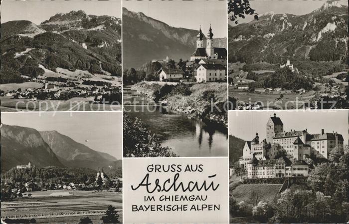 Aschau Chiemgau Gesamtansicht mit Alpenpanorama Bayrische Alpen Kirche Schloss