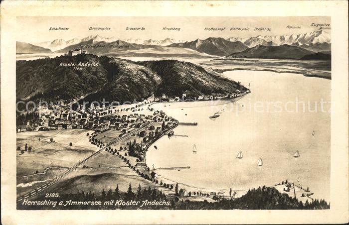 Herrsching Ammersee mit Kloster Andechs Alpenpanorama aus der Vogelschau