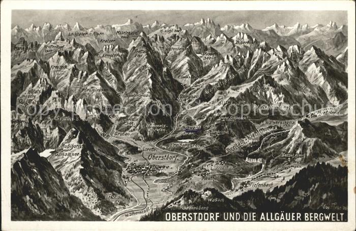Oberstdorf und die Allgaeuer Bergwelt aus der Vogelschau Panoramakarte Nr 32a