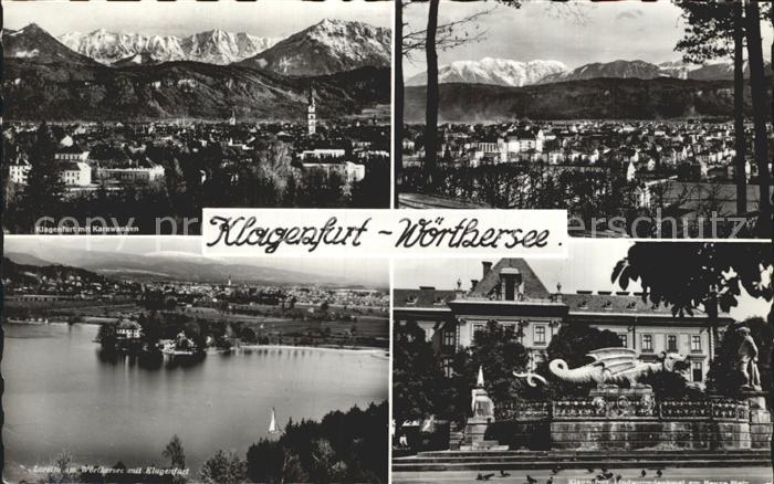 Klagenfurt Woerthersee Gesamtansicht mit Karawanken Woerthersee Lindwurmdenkmal