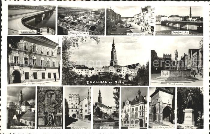 Braunau Inn Oberoesterreich Innbruecke Hauptplatz Fischbrunnen Kirchenportal Den