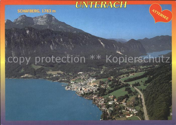 Unterach Attersee Panorama mit Schafberg und Mondsee Fliegeraufnahme