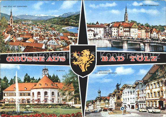 Bad Toelz mit Isarwinkel Bruecke mit Marienstift Winzerer-Denkmal