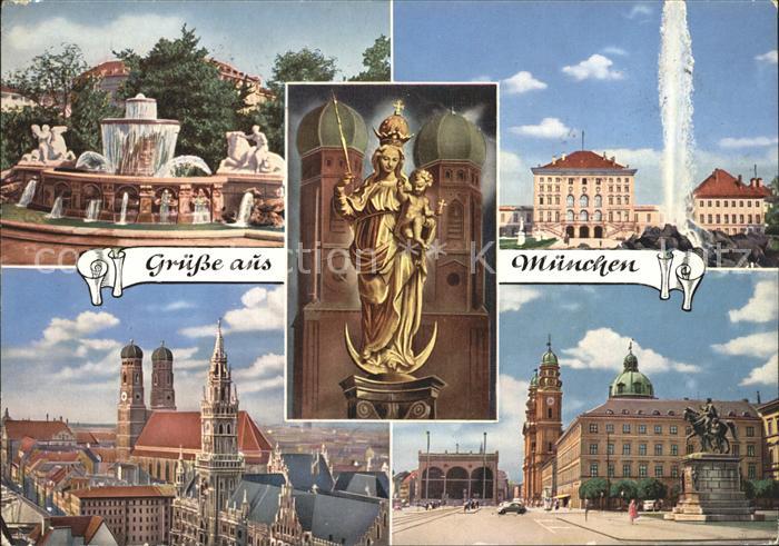 Muenchen Bayern Engl Garten Frauenkirche Marienfigur Fontaene Staatskanzlei