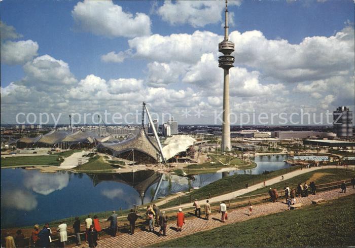 Muenchen Bayern Olympiaturm Sporthalle und Schwimmhalle
