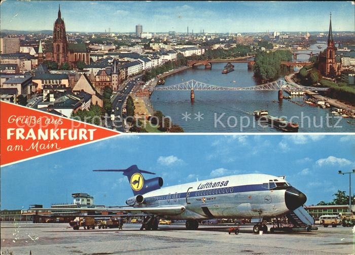 Frankfurt Main Fliegeraufnahme Mainufer mit Dom Flughafen