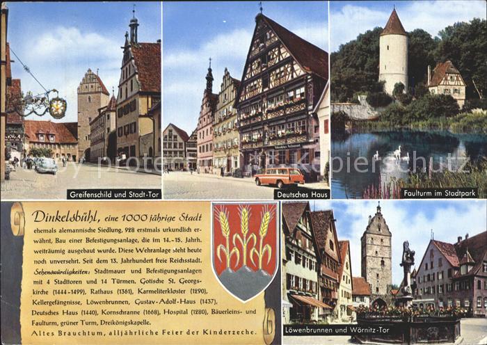 Dinkelsbuehl Faulturm im Stadtpark Loewenbrunnen Greifenschild und Stadttor